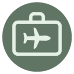 Light green outline of an airplane icon inside of a suitcase outline logo icon inside of a sage green circle - Highlight Cover Icon