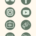 Collection of eight circle shaped graphics which each have a light green outline of a social media logo icon inside of a sage green circle - Highlight Cover Icon