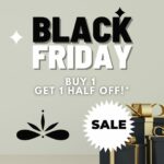 Black Friday promotional Instagram graphic with black wrapping paper boxed gifts with gold ribbon. Text says "Black Friday, buy 1 get 1 half off" SALE"