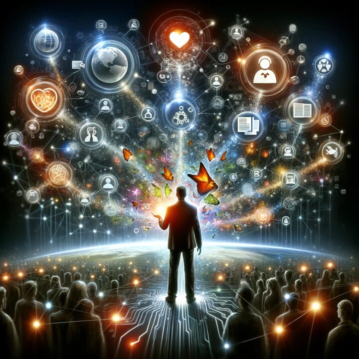 graphic showing the sillouette of a man standing amoung a crowd looking up to the sky where there are hundreds of social media icons illuminated.